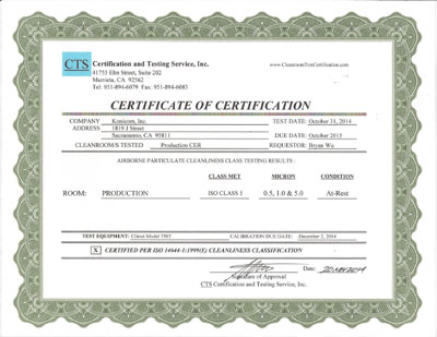 Konicom ISO 5 /class 100 cleanroom certification