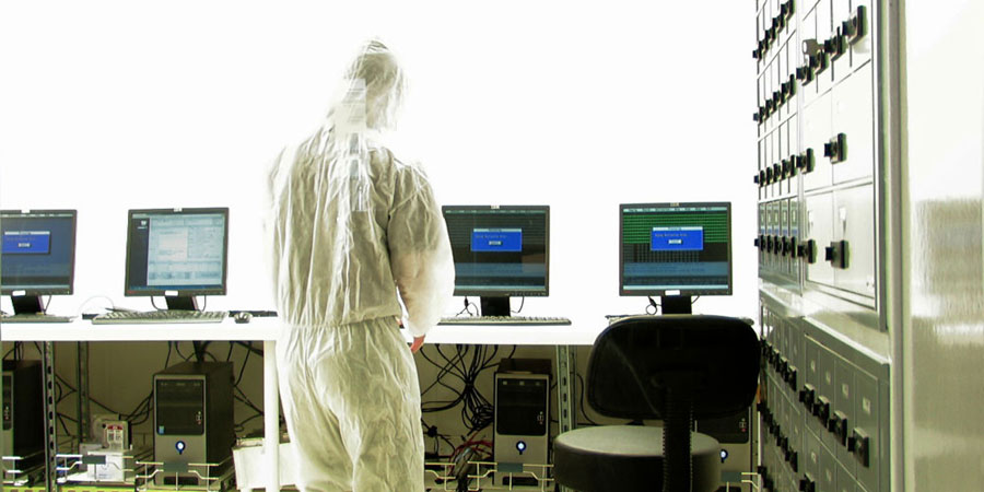 Working in our Sacramento facility's ISO 5 / Class 100 certified data recovery cleanroom working area